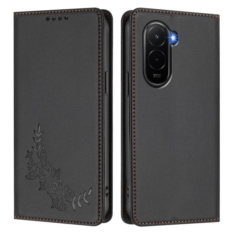 For Xiaomi Poco M7 4G 171mm Peony Embossed Magnetic RFID Vegan Leather Phone Case