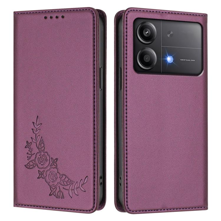 For Xiaomi Poco X6 Neo Peony Embossed Magnetic RFID Vegan Leather Phone Case