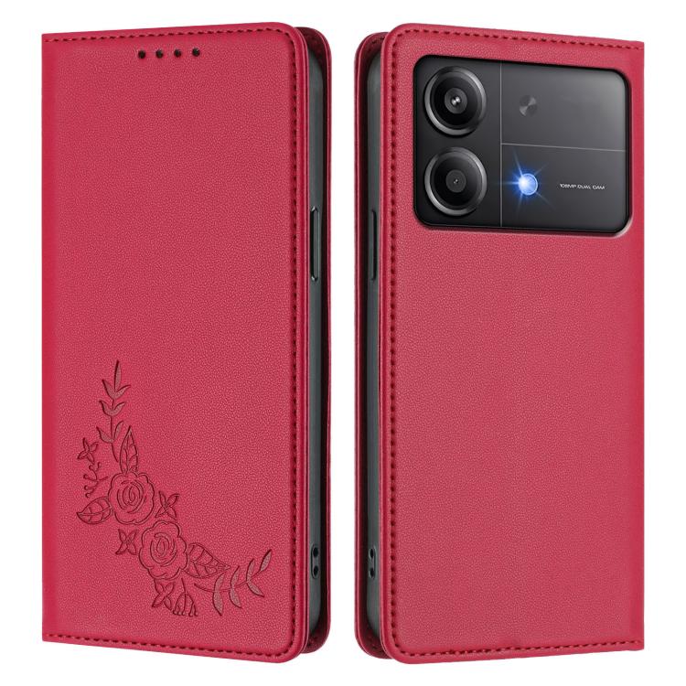 For Xiaomi Poco X6 Neo Peony Embossed Magnetic RFID Vegan Leather Phone Case