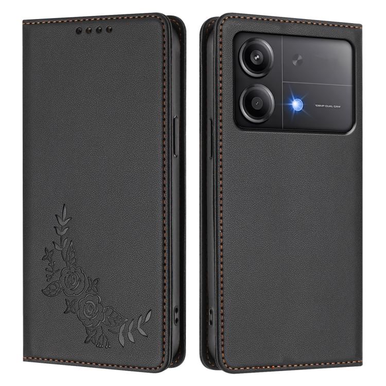 For Xiaomi Poco X6 Neo Peony Embossed Magnetic RFID Vegan Leather Phone Case