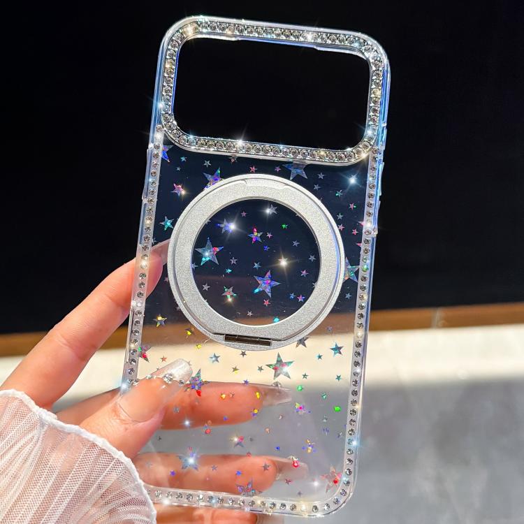 For iPhone 15 Pro Max Diamond IMD 360 Rotation Magnetic Metal Holder Phone Case with Strap