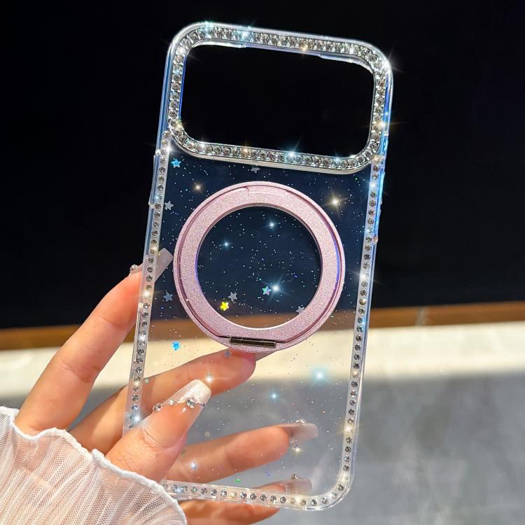 For iPhone 14 Diamond IMD 360 Rotation Magnetic Metal Holder Phone Case with Strap
