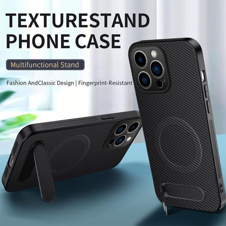 For iPhone 15 Pro Max WANLONFENG Kickstand Carbon Fiber Texture Magnetic Phone Case with 2pcs Screen Films
