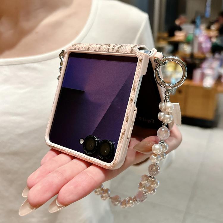 For Samsung Galaxy Z Flip7 5G Scale Texture Side Buckle Shockproof Phone Case with Bracelet - Pink