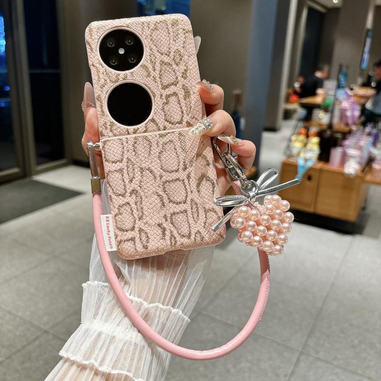 For Huawei Pocket 2 Scale Texture Side Buckle Shockproof Phone Case with Strap and Heart-Shaped Charm - Pink