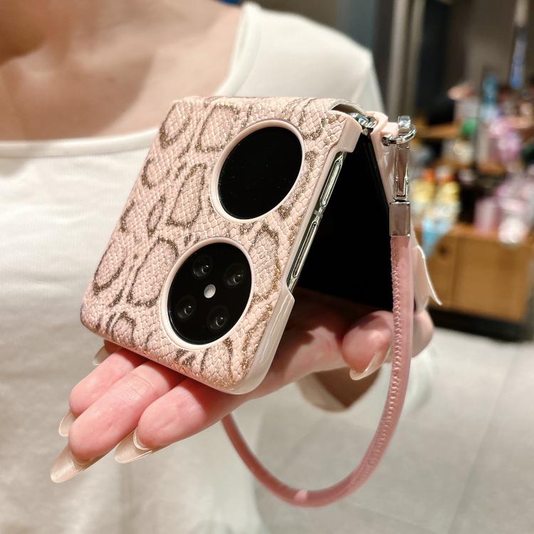 For Huawei Pocket 2 Scale Texture Side Buckle Shockproof Phone Case with Strap and Heart-Shaped Charm - Pink