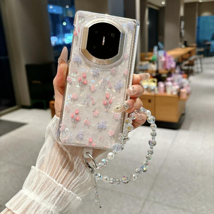 For Huawei Mate X7 Fresh Floral Shell Glitter Magnetic Shockproof Phone Case with Bracelet