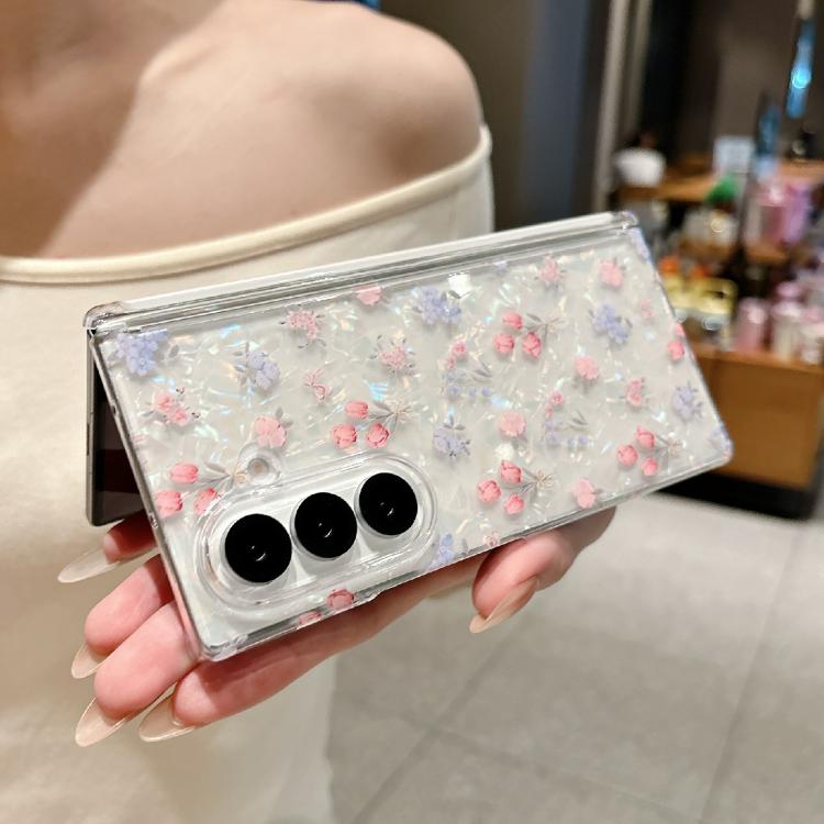 For Samsung Galaxy Z Fold5 Fresh Floral Shell Glitter Magnetic Shockproof Phone Case with Bracelet