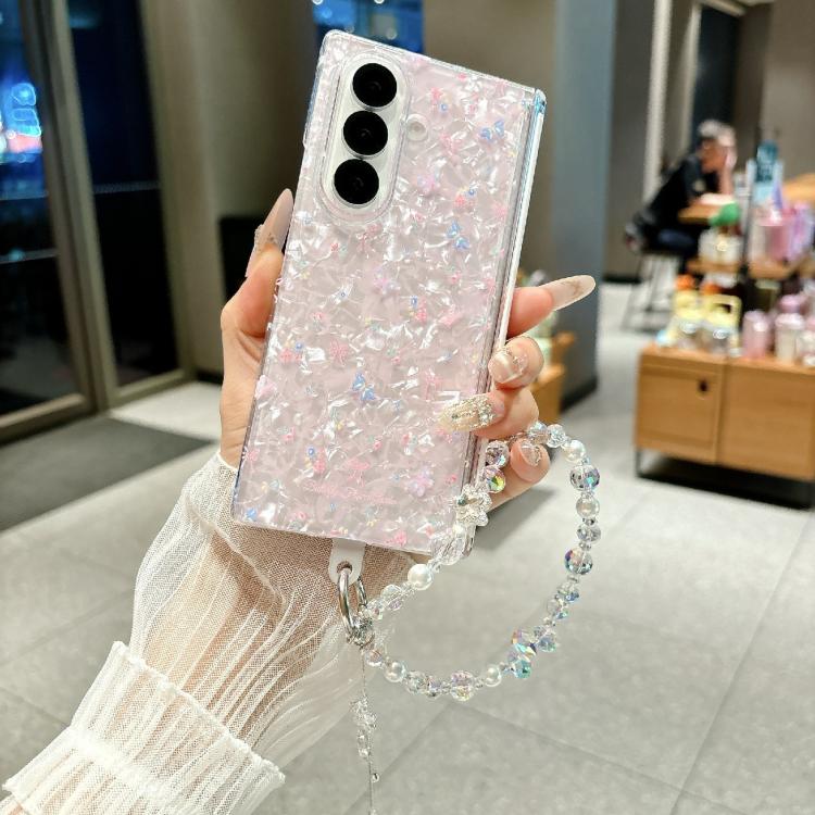 For Samsung Galaxy Z Fold6 Fresh Floral Shell Glitter Magnetic Shockproof Phone Case with Bracelet