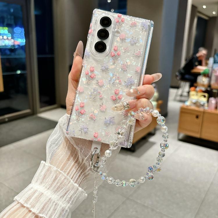 For Samsung Galaxy Z Fold7 5G Fresh Floral Shell Glitter Magnetic Shockproof Phone Case with Bracelet