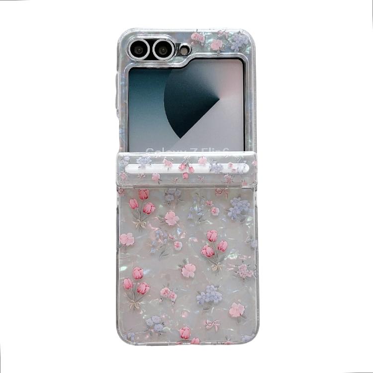 For Samsung Galaxy Z Flip7 FE / 6 Fresh Floral Shell Glitter Magnetic Shockproof Phone Case with Bracelet
