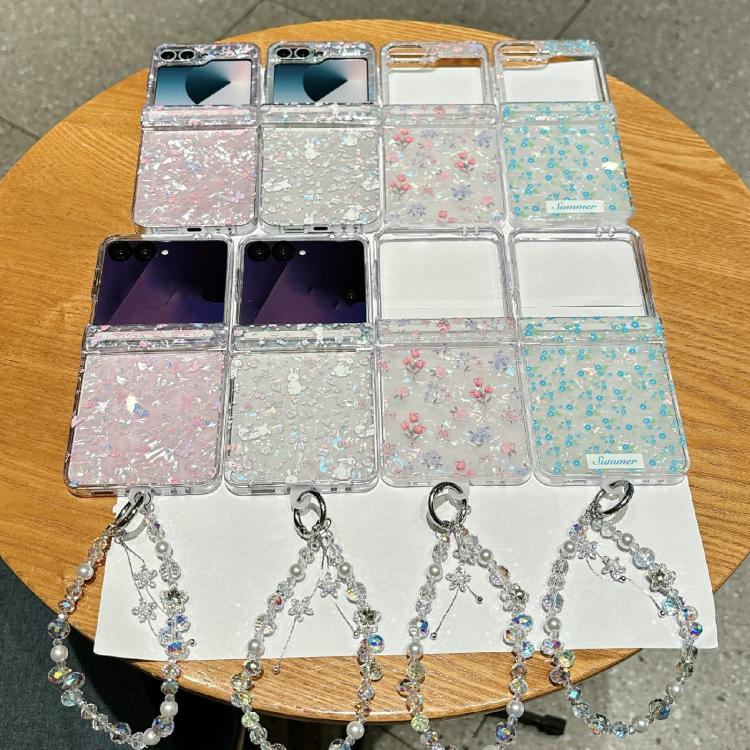 For Samsung Galaxy Z Flip7 FE / 6 Fresh Floral Shell Glitter Magnetic Shockproof Phone Case with Bracelet
