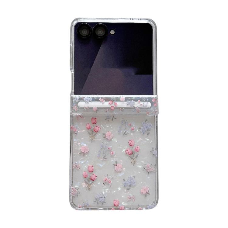 For Samsung Galaxy Z Flip7 5G Fresh Floral Shell Glitter Magnetic Shockproof Phone Case with Bracelet
