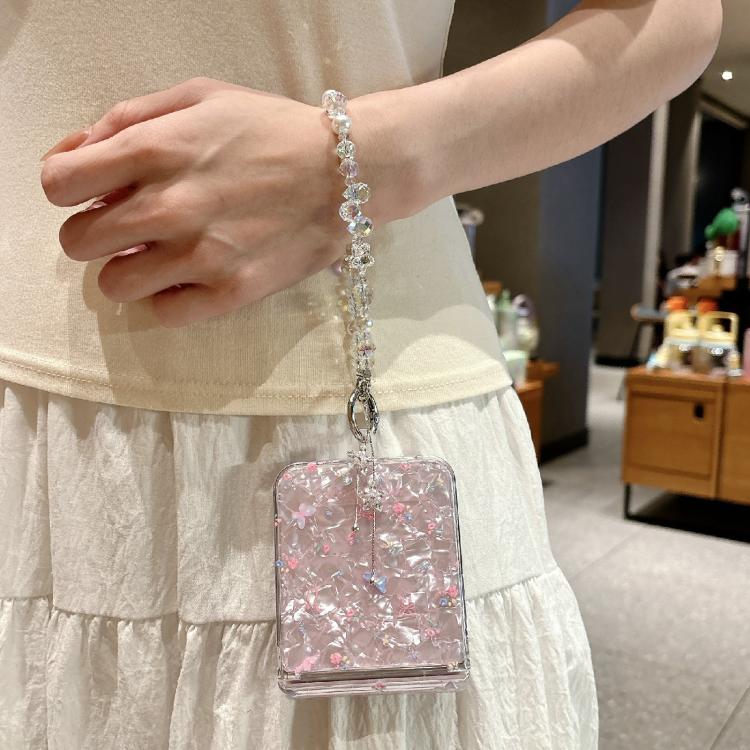 For Samsung Galaxy Z Flip7 5G Fresh Floral Shell Glitter Magnetic Shockproof Phone Case with Bracelet