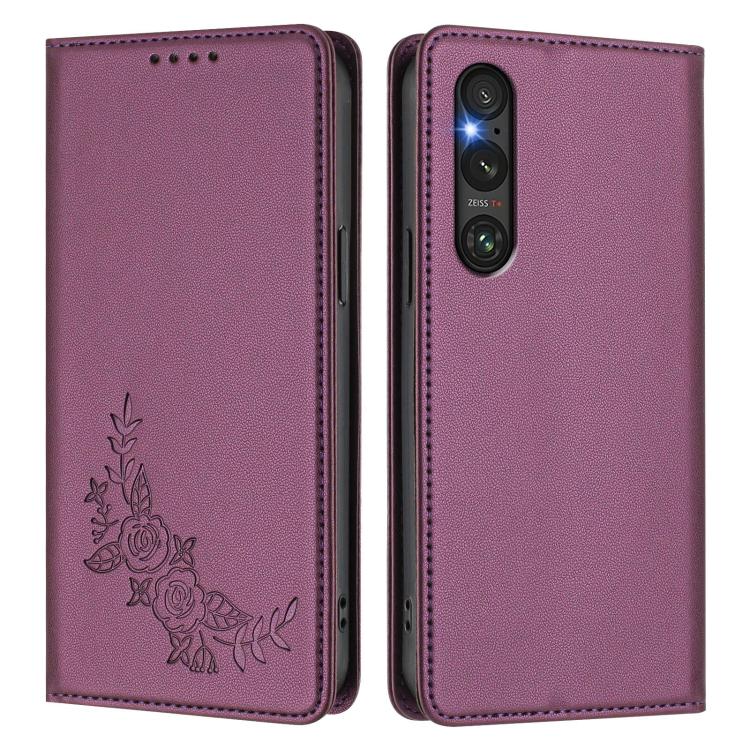 For Sony Xperia 1 V Peony Embossed Magnetic RFID Vegan Leather Phone Case