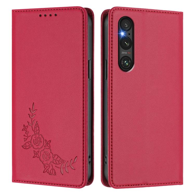 For Sony Xperia 1 V Peony Embossed Magnetic RFID Vegan Leather Phone Case