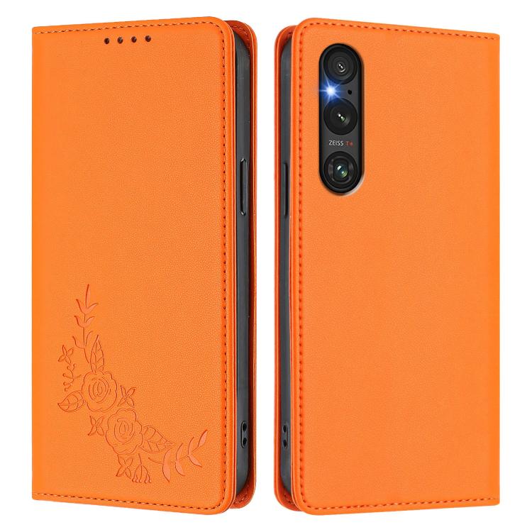 For Sony Xperia 1 V Peony Embossed Magnetic RFID Vegan Leather Phone Case