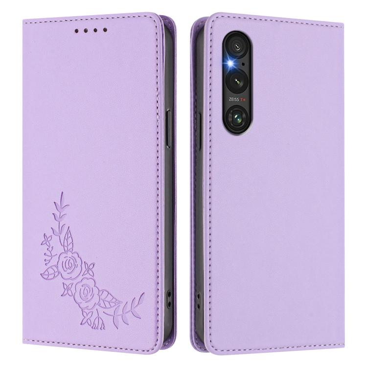 For Sony Xperia 1 V Peony Embossed Magnetic RFID Vegan Leather Phone Case