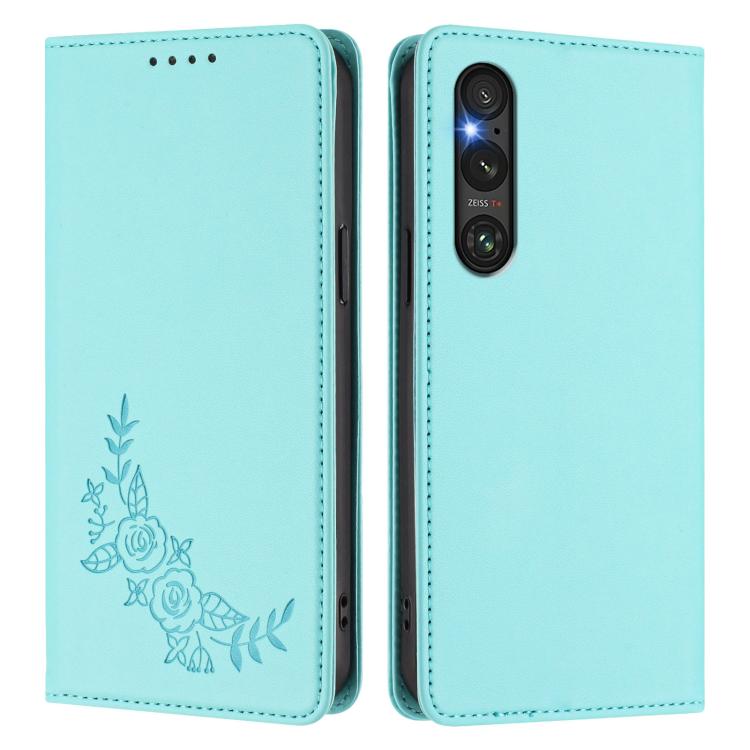 For Sony Xperia 1 V Peony Embossed Magnetic RFID Vegan Leather Phone Case