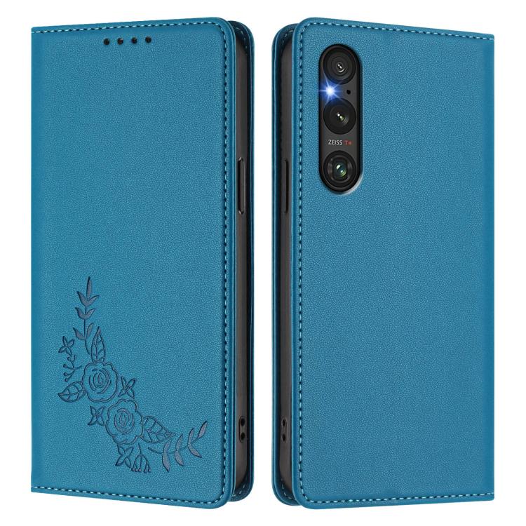 For Sony Xperia 1 V Peony Embossed Magnetic RFID Vegan Leather Phone Case