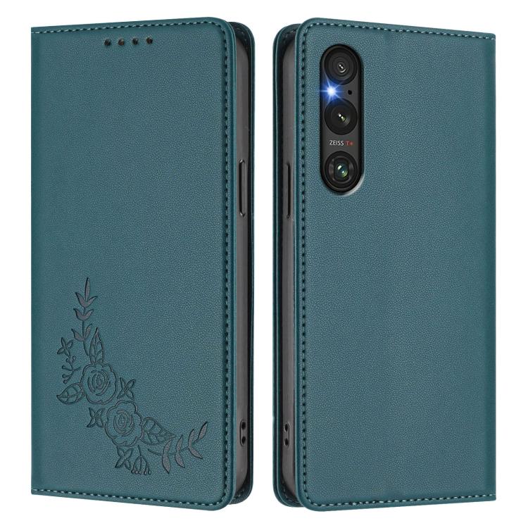 For Sony Xperia 1 V Peony Embossed Magnetic RFID Vegan Leather Phone Case