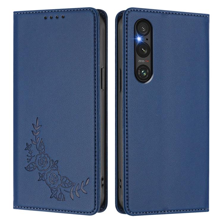 For Sony Xperia 1 V Peony Embossed Magnetic RFID Vegan Leather Phone Case