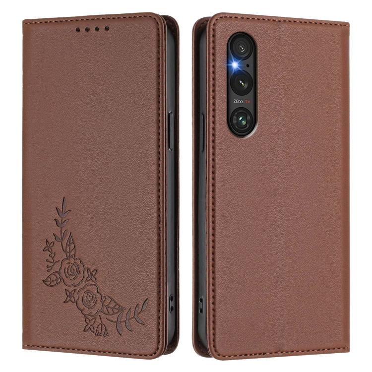 For Sony Xperia 1 V Peony Embossed Magnetic RFID Vegan Leather Phone Case