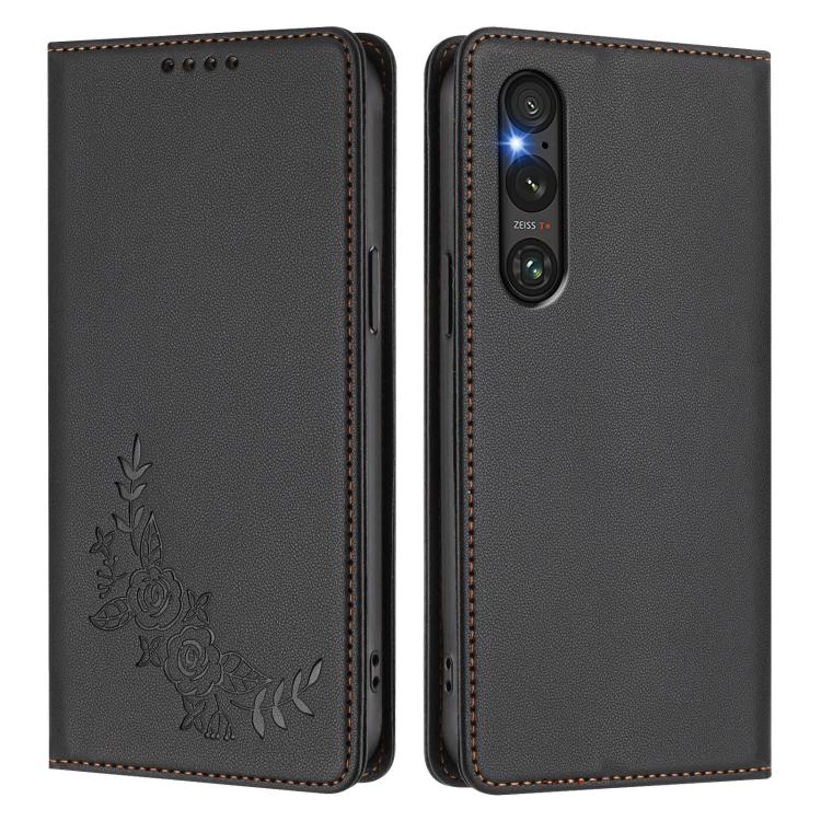 For Sony Xperia 1 V Peony Embossed Magnetic RFID Vegan Leather Phone Case