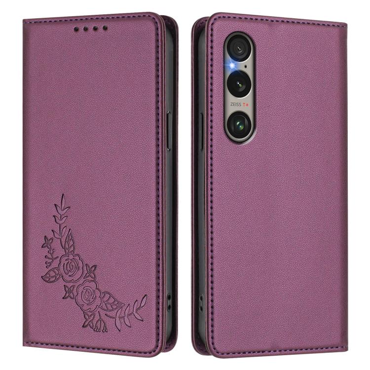 For Sony Xperia 1 VI Peony Embossed Magnetic RFID Vegan Leather Phone Case