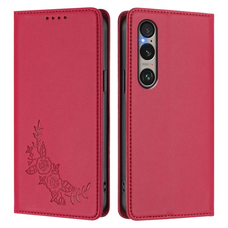 For Sony Xperia 1 VI Peony Embossed Magnetic RFID Vegan Leather Phone Case