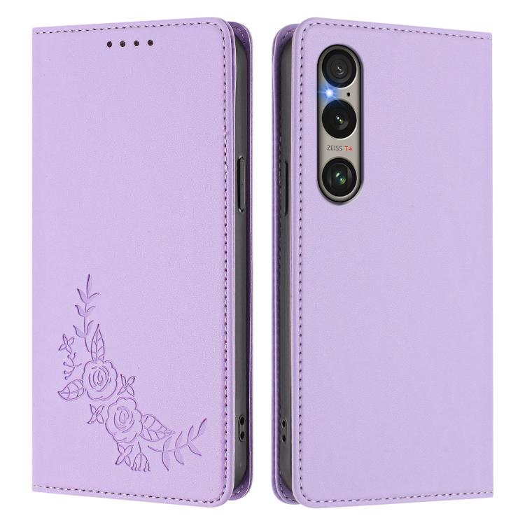 For Sony Xperia 1 VI Peony Embossed Magnetic RFID Vegan Leather Phone Case