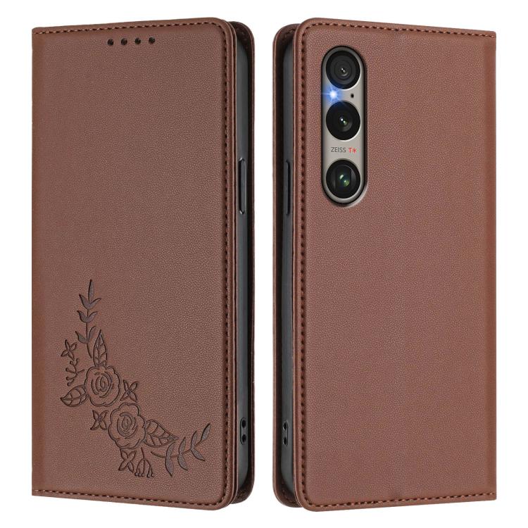 For Sony Xperia 1 VI Peony Embossed Magnetic RFID Vegan Leather Phone Case