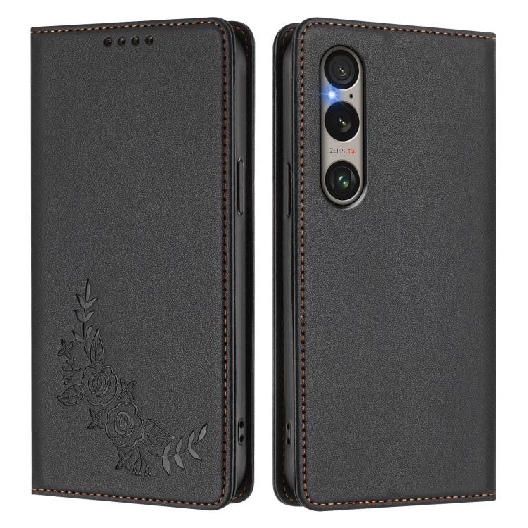 For Sony Xperia 1 VI Peony Embossed Magnetic RFID Vegan Leather Phone Case