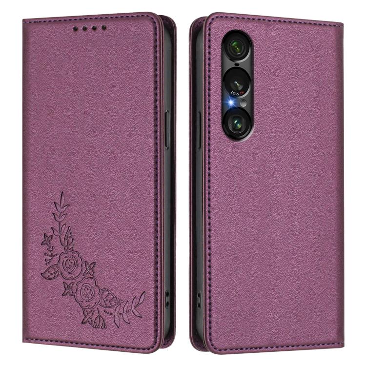 For Sony Xperia 1 VII Peony Embossed Magnetic RFID Vegan Leather Phone Case