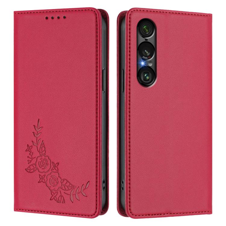 For Sony Xperia 1 VII Peony Embossed Magnetic RFID Vegan Leather Phone Case