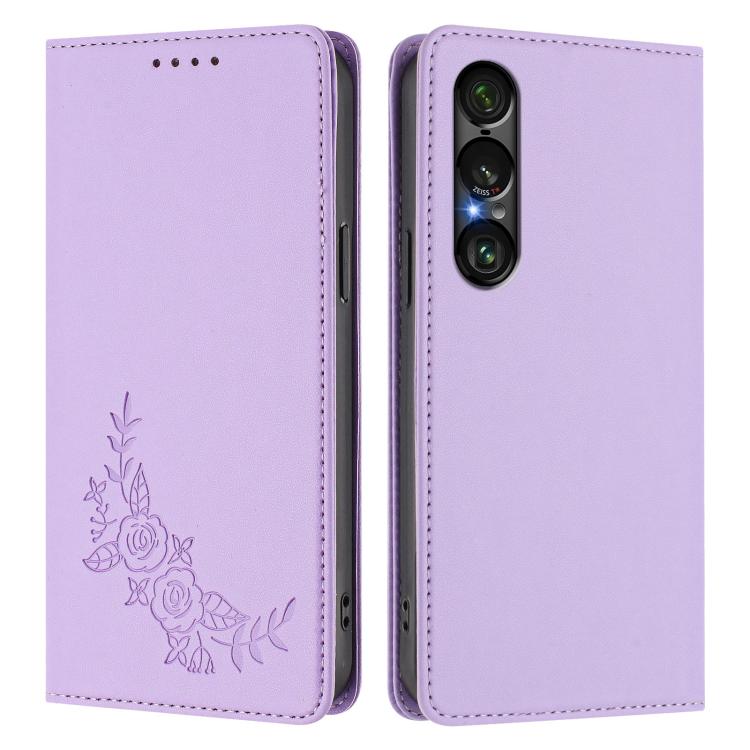 For Sony Xperia 1 VII Peony Embossed Magnetic RFID Vegan Leather Phone Case