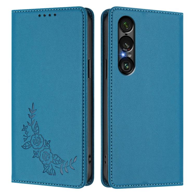 For Sony Xperia 1 VII Peony Embossed Magnetic RFID Vegan Leather Phone Case