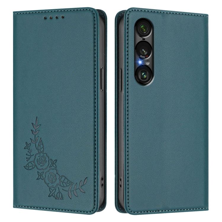 For Sony Xperia 1 VII Peony Embossed Magnetic RFID Vegan Leather Phone Case