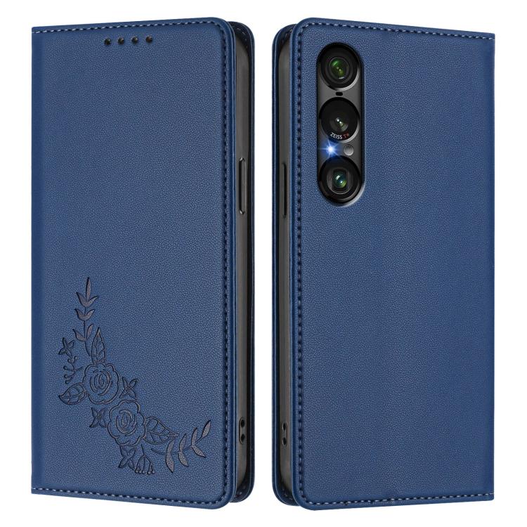 For Sony Xperia 1 VII Peony Embossed Magnetic RFID Vegan Leather Phone Case
