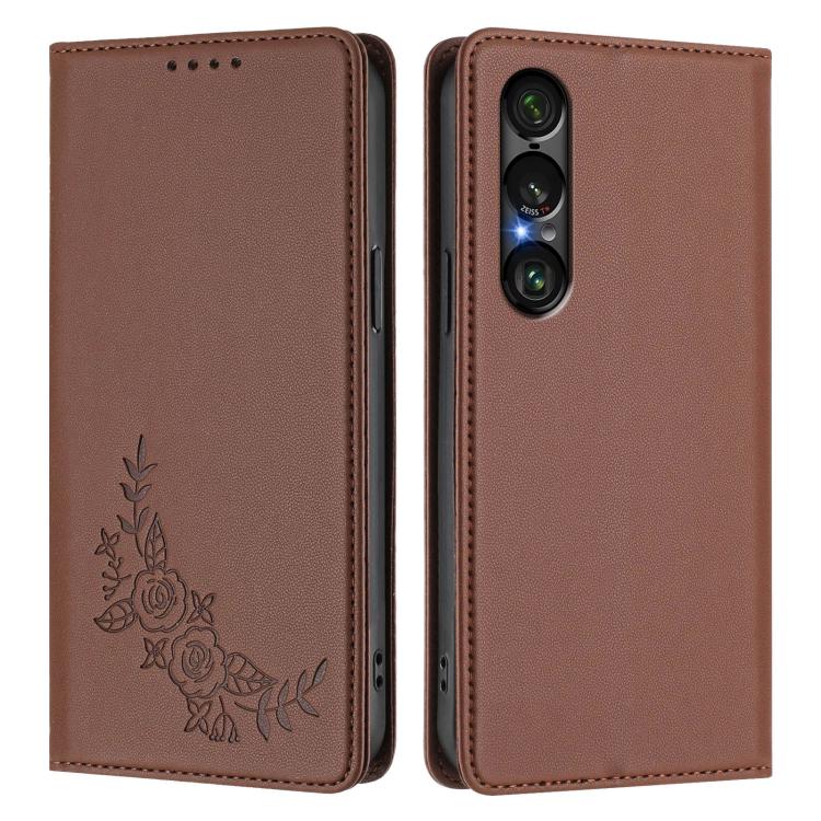 For Sony Xperia 1 VII Peony Embossed Magnetic RFID Vegan Leather Phone Case