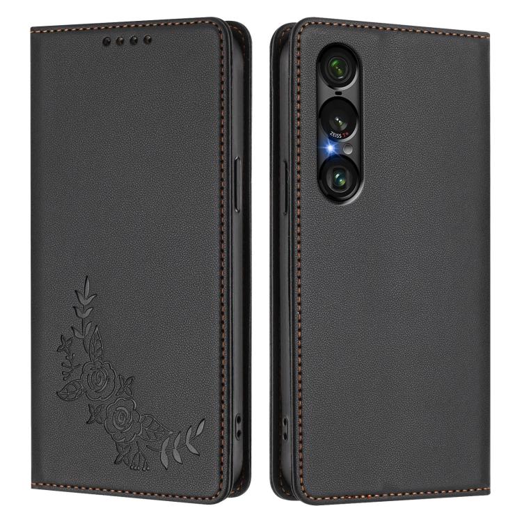 For Sony Xperia 1 VII Peony Embossed Magnetic RFID Vegan Leather Phone Case