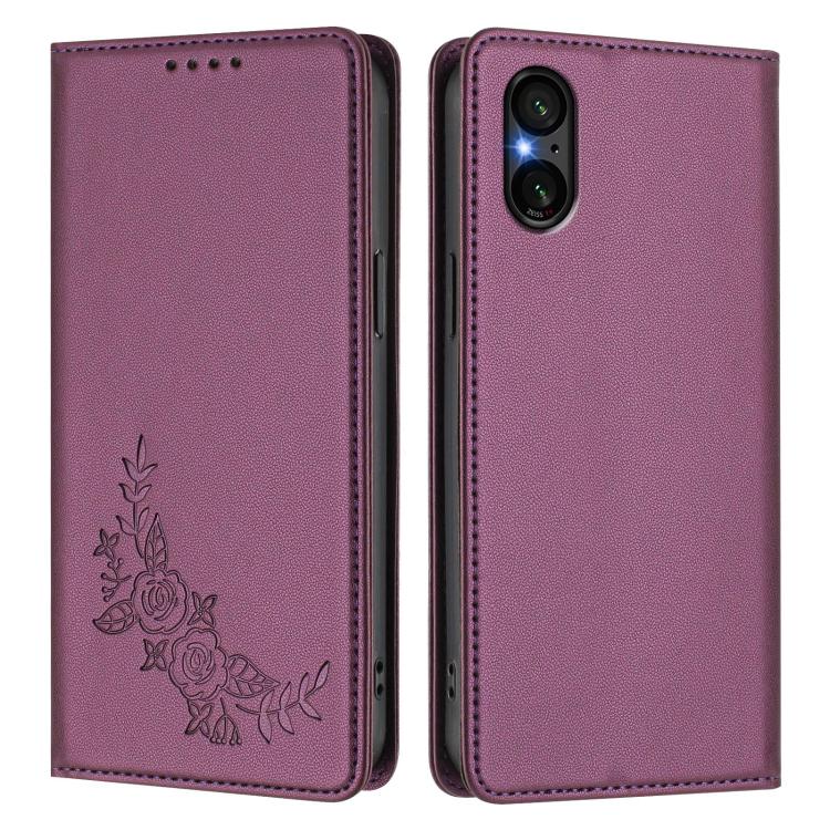 For Sony Xperia 5 V Peony Embossed Magnetic RFID Vegan Leather Phone Case