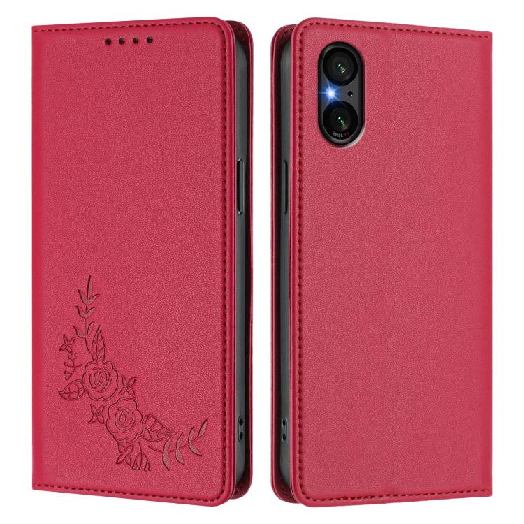 For Sony Xperia 5 V Peony Embossed Magnetic RFID Vegan Leather Phone Case
