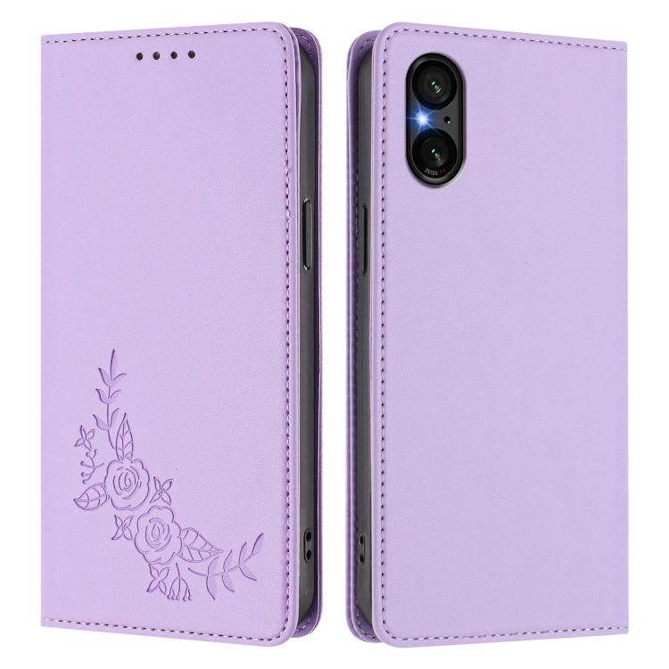 For Sony Xperia 5 V Peony Embossed Magnetic RFID Vegan Leather Phone Case