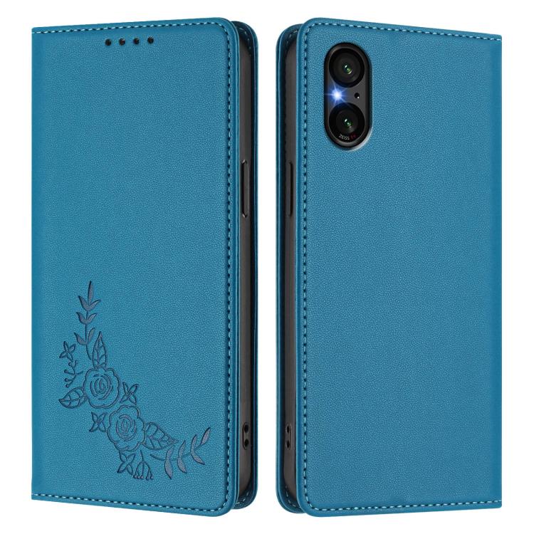 For Sony Xperia 5 V Peony Embossed Magnetic RFID Vegan Leather Phone Case