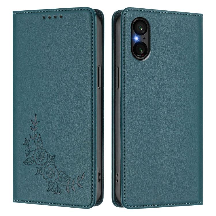 For Sony Xperia 5 V Peony Embossed Magnetic RFID Vegan Leather Phone Case
