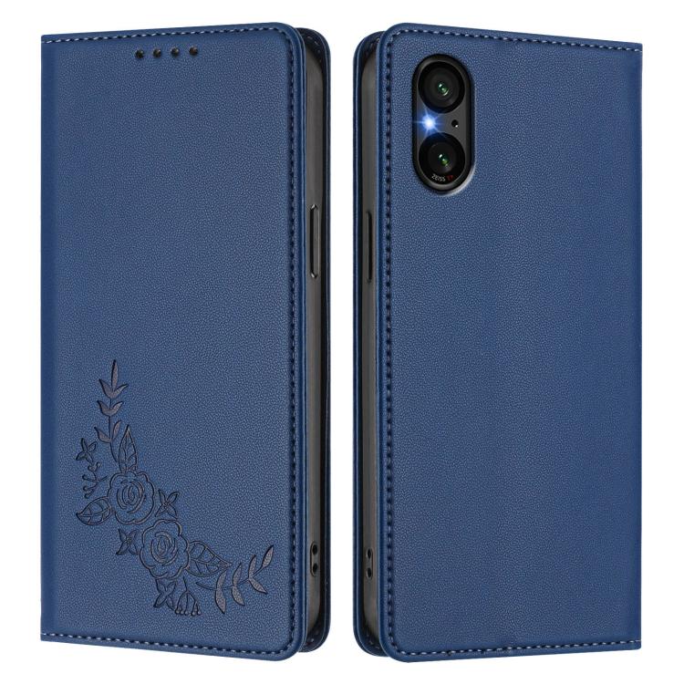 For Sony Xperia 5 V Peony Embossed Magnetic RFID Vegan Leather Phone Case
