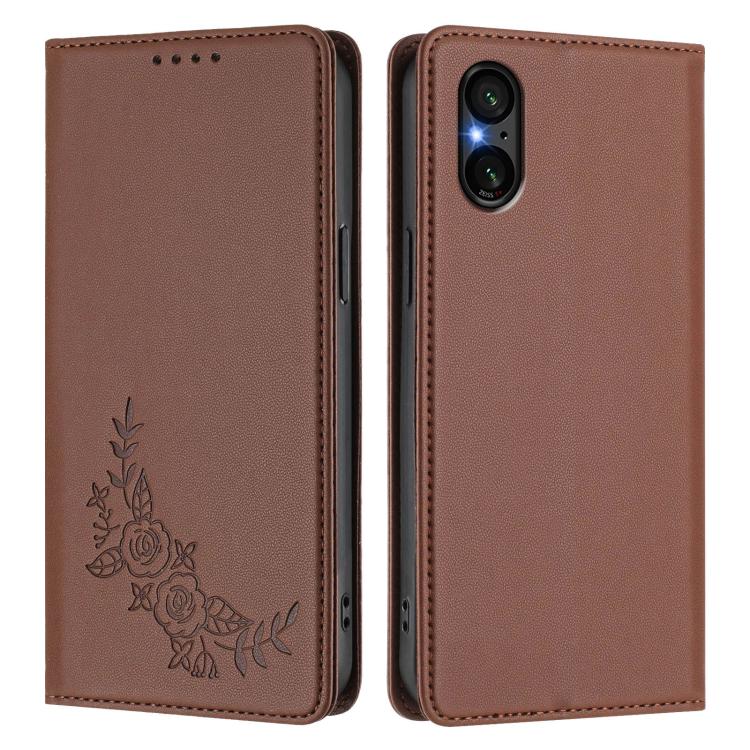 For Sony Xperia 5 V Peony Embossed Magnetic RFID Vegan Leather Phone Case