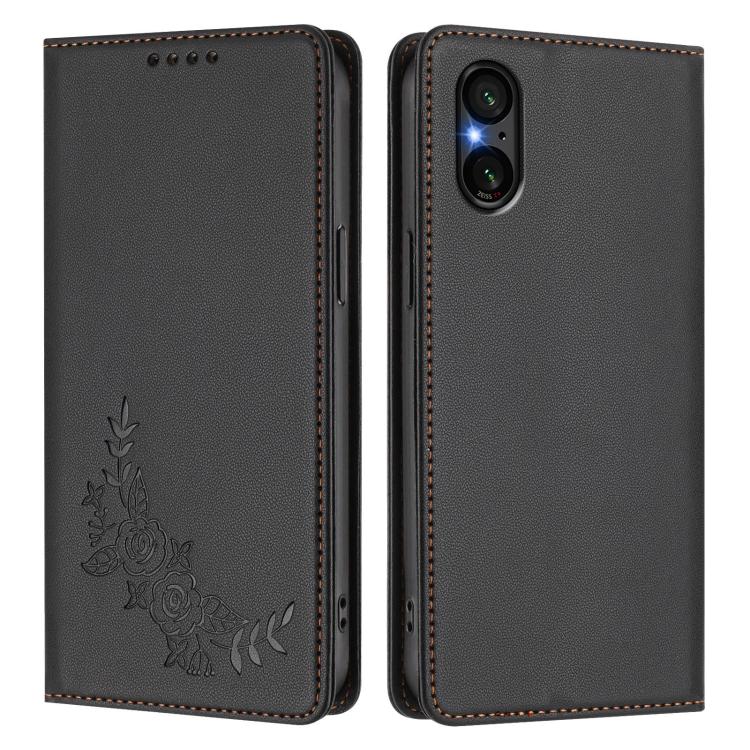 For Sony Xperia 5 V Peony Embossed Magnetic RFID Vegan Leather Phone Case
