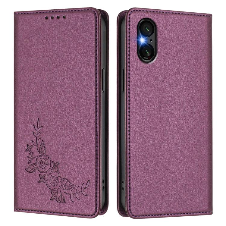 For Sony Xperia 5 VI Peony Embossed Magnetic RFID Vegan Leather Phone Case